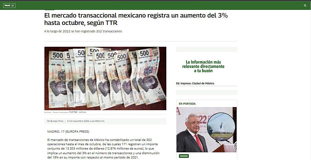 El mercado transaccional mexicano registra un aumento del 3% hasta octubre, segn TTR